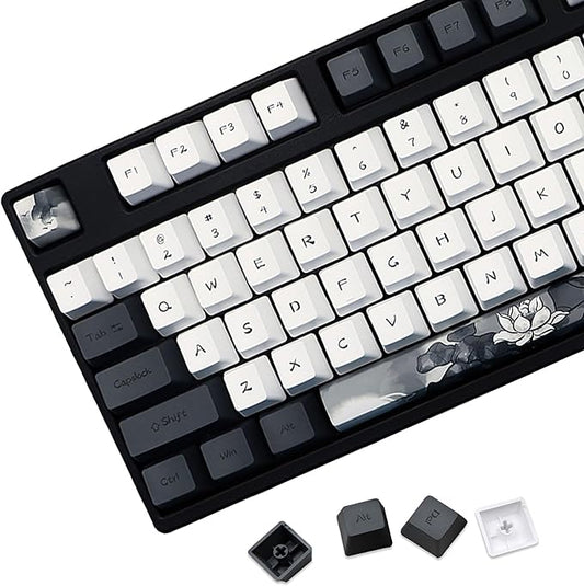 JSJT Ink Lotus Keycaps 140 Keys OEM Profile Keycap PBT Dye Sublimation Key Caps for ANSI/ISO Layout Cherry MX Switch Mechanical Gaming Keyboards GK61/68/87/96/104/108 (with 6.25u spacebar)