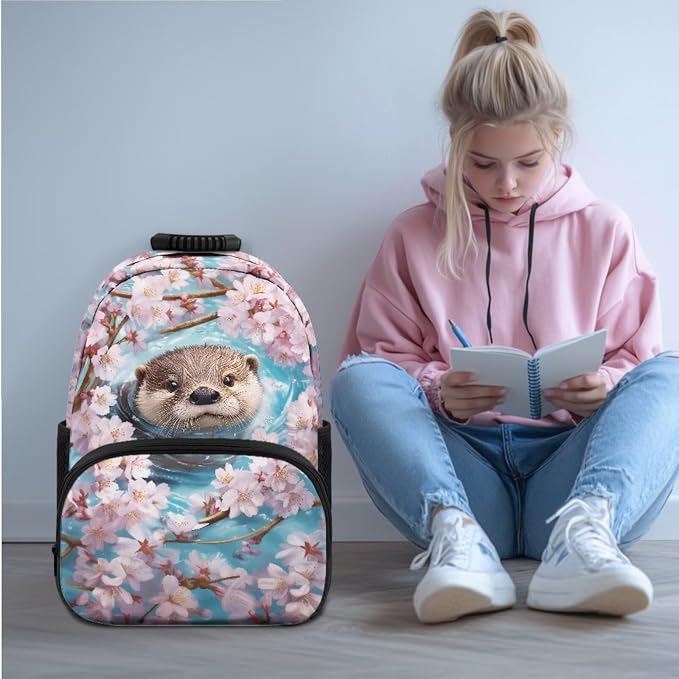Ystardream Cherry Blossom Otter Elementary Backpack for Girls with Lunch Box Pencil Case Water Bottle Sleeve Waterproof School Bookbag with Big Front Pocket for Teens Kids Back to School Gift Bookbag