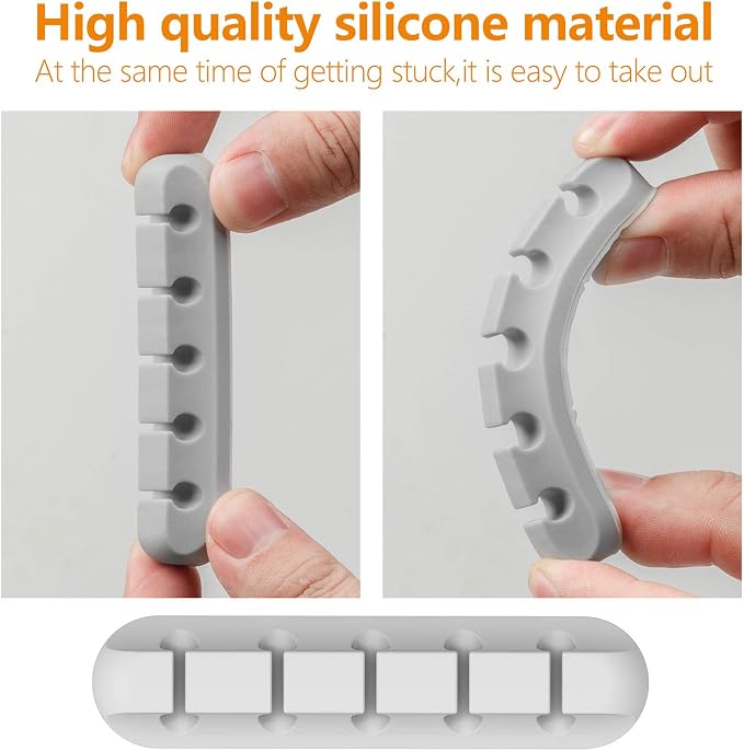 Desk Accessories for Charging Organizer - 5 Packs Grey Computer Desk Accessories and Adhesive Cord Organizer for Cable Holder Cleans Up Messy Wires at Home, Car and Office (7-5-3-1-1 Slots) | Self Adhesive, Office, Car, Grey Silicone Cord Keeper, Cable...