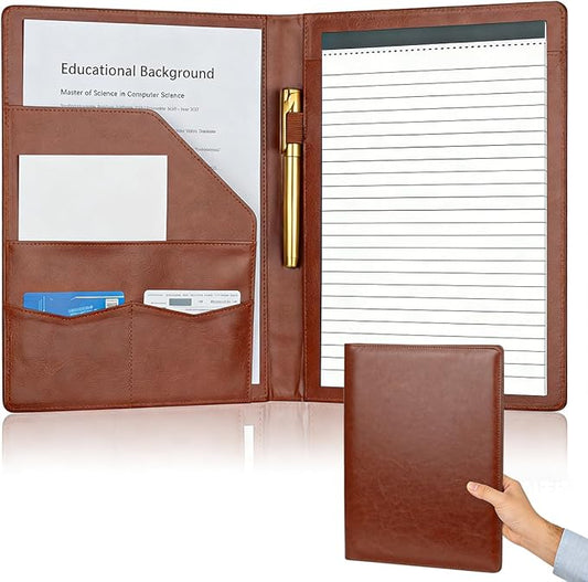 Padfolio Portfolio Binder, Faux Leather Folder, Resume Interview Legal Document Organizer, Letter Sized Writing Pad w/Business Card Holder, A4 Professional Folio for Office Conference (Brown)