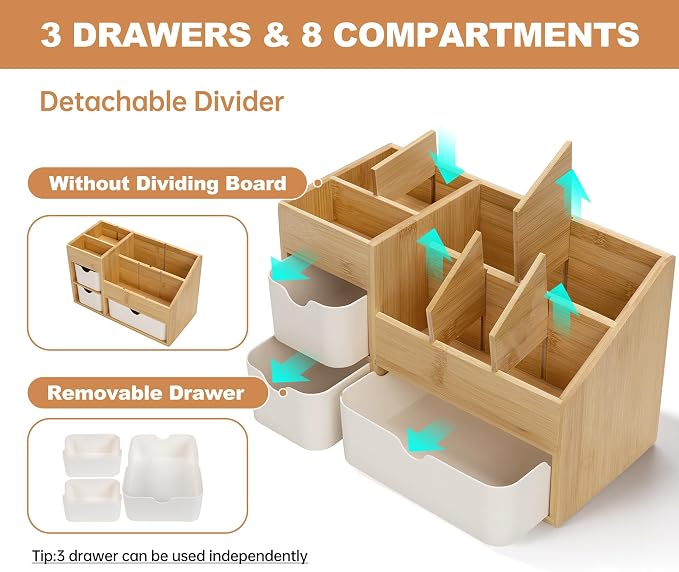Bamboo Desktop Organizer with 3 Drawers, Drawer Tabletop Storage Organization Box for Home/Office, 3-Tier Makeup Vanity Organizer for Dresser Countertop, Detachable Divider
