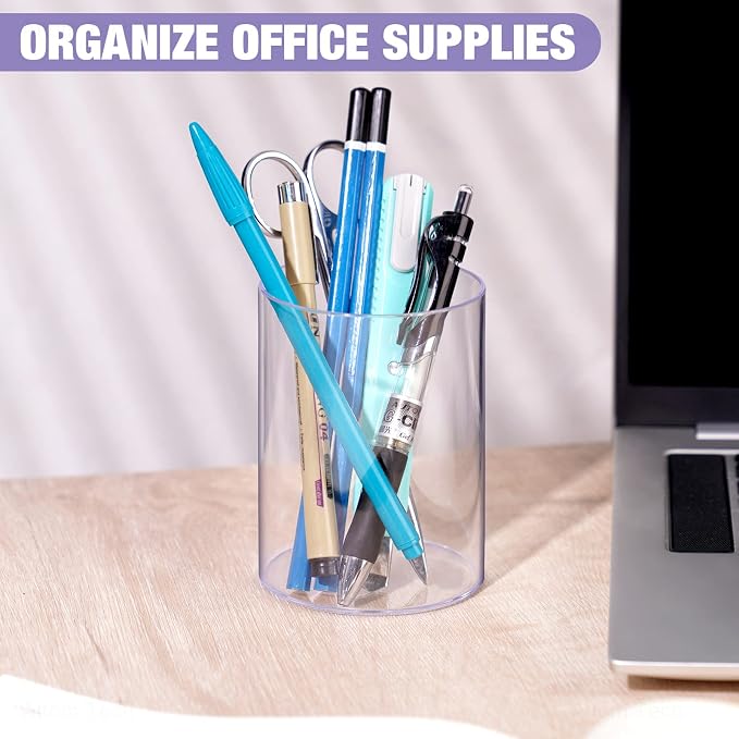 Stylish Clear Acrylic Desk Organizer Pen and Pencil Holders Set of 3, Round Makeup Brush Storage Perfect for Home, School and Office Supplies
