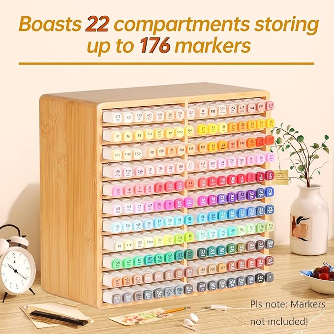 walowalo Marker Organizer Hold 176 Markers Alcohol Marker Storage Bamboo Pen Holder Art Supply Pencil Storage Organizer Gift 22 Compartments All-in-One Marker Storage for Home Office Desk Classroom