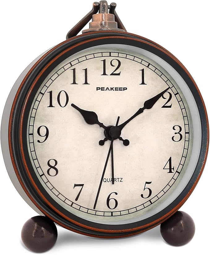 Peakeep 4" Small Battery Operated Antique Retro Analog Alarm Clock | with Contour Lines in Gold for Room Decor, Silent Elegant Bedside Desk Table Gift Clock