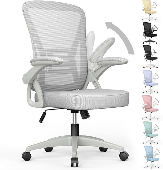 naspaluro Home Office Desk Chair Mid Back with Adjustable Height Grey | Comfy Ergonomic Chair with Flip-Up Arm and Lumbar Support, Breathable Mesh Swivel Computer Chair for Study Working Teacher