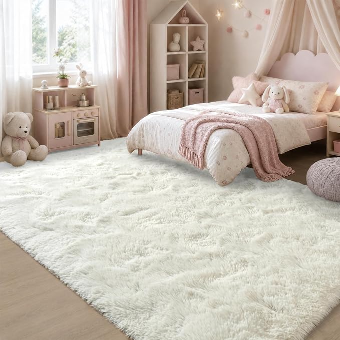 Zentavio White Living Room Rugs 8x10 Large Area Rugs for Bedroom Soft Fluffy Furry Shag Aesthetic Carpet Plush High Pile Floor Rug for Nursery Kids Room Dorm Home Decor