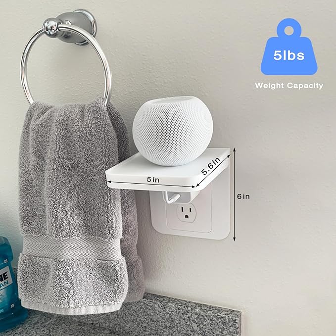 Outlet Shelf Wall Holder with Cord Storage, Wall Outlet Shelf Organizer for Bathroom, Kitchen & Bedroom, Plug Shelf for Standard Outlet, Compatible with HomePod Mini, Google Home, Toothbrush & Phone