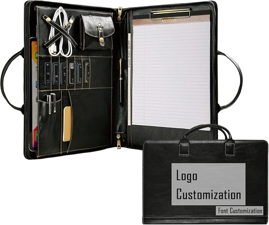 Oil Wax Leather Portfolio, Padfolio Organizer with Handle, Personalized Padfolio，Padfolio with Zipper for Men Women，Suitable for 15-inch Laptop Legal Pad Padfolio, Black