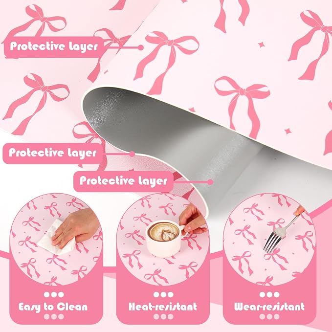 FYSUIMU Coquette Bow Makeup Mat Dual-Sided Leather Desk Pad Waterproof Pink Bow Makeup Table Cover for Vanity Top Protector Countertop Decor, 15.7 x 31.5 in