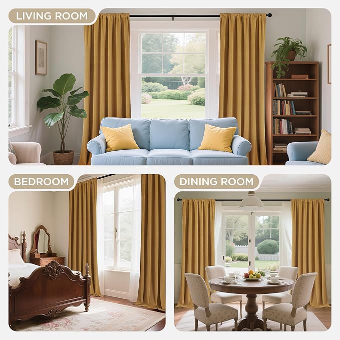 Joydeco Mustard Yellow 100% Blackout Curtains 84 Inch 2 Panels, Luxury Thermal Yellow Velvet Curtains for Bedroom Living Room, Soundproof Blackout Window Drapes, Grommet Top (52W x 84L)