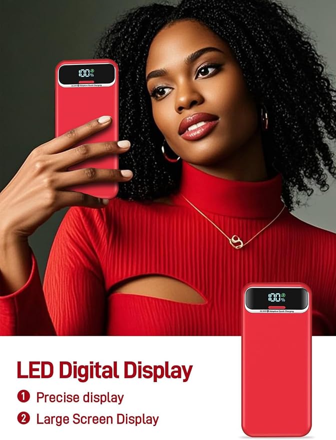 Nusyddy Portable Charger 20000mAh 22.5W w/Built-in Cables & Wall Plug Red | 22.5W Fast Charging, High Capacity, LED Display, Charge 5 Devices at once, TSA Approved, Compatible with iPhone/iPad/Samsung