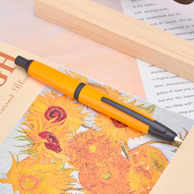 Jinhao 10 Press Fountain Pen with Box, Orange Retractable Fine Nib with Converter Set (Black Clip)