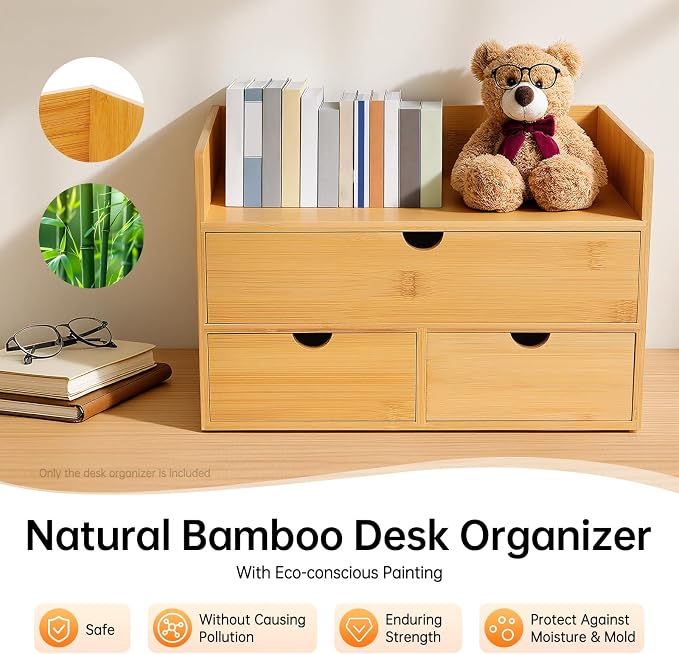 Desk Organizer, Office Vanity Bamboo Desk Organizer, Mini Bamboo Desk Drawer Tabletop Storage Box with 3 Drawer Night Stand Table Organizer for Makeup Vanity Office Supplies (3 Drawer, 1 Top+2 Bottom)