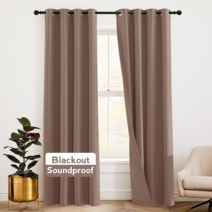 RYB HOME Noise Cancelling Curtains - 3 Layers Blackout Curtains Privacy Window Treatment Thermal Insulated Room Divider Drapes for Studio Bedroom Laundry Room, 52 x 95 inches, Mocha, 2 Pcs