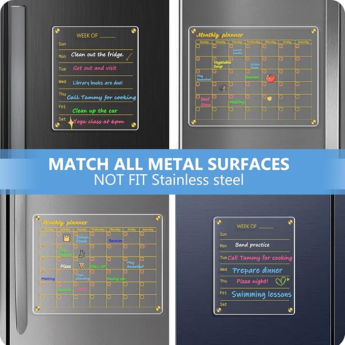 WALGLASS Acrylic Calendar for Fridge, 12"x16" Gold Monthly Clear Acrylic Magnetic Dry Erase Board for Refrigerator, Set of 2 Stronger-Magnetic Reusable Fridge Planner, Includes 6 Liquid Chalk Markers