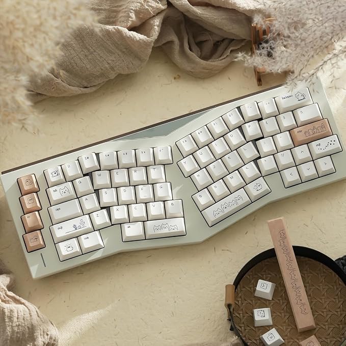 PBT Cute Cat Keycaps, Milk White Dye-Sublimation Keycap, 151 Keys Cherry Profile Keyboard Keycaps Set, Sand Dune Cat Custom Key Caps for Cherry MX Switches Mechanical Gaming Keyboard