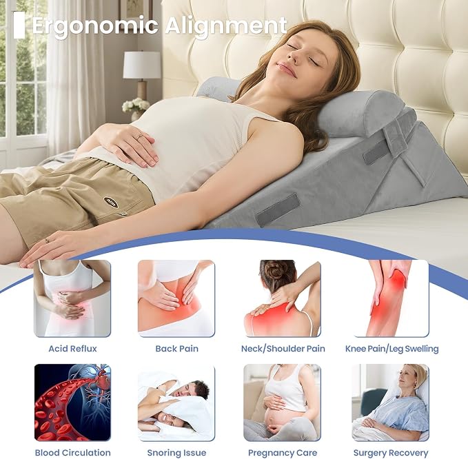 Sasttie Adjustable Wedge Pillow Set for After Surgery, Velvet - Light Grey | Bed Wedge Pillow Headboard with Memory Foam Neck Cushion, for Acid Reflux, Sleeping, Neck & Back Support