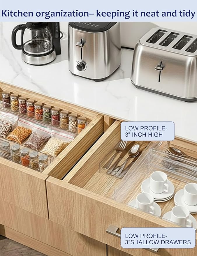 5 Pack Clear Drawer Dividers - Adjustable & Expandable Dresser Organizers, 3" High Plastic Separators with Non-Slip Adhesive for Clothes, Baby Nursery, Bathroom, Kitchen & Makeup