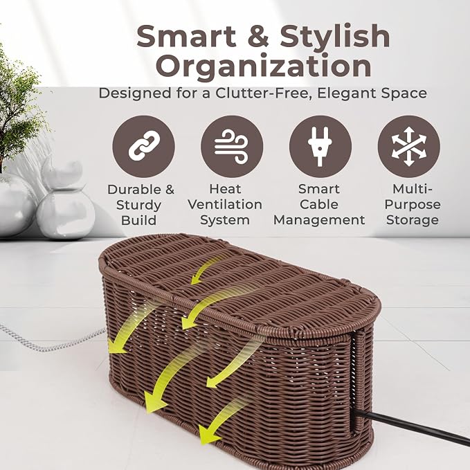 Cable Management Box, Handmade Rattan Cable Organizer, 2 Open Slots Cords Hider Box, Under Desk Cord Organizer for Computer Router USB Hub & Power Strip, 15.9" x 6.5" x 6.5", Brown