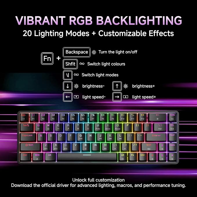 DIERYA DK68 60% Wireless Mechanical Gaming Keyboard, Triple Mode 2.4GHz/USB-C/BT5.0 with Red Switch, RGB Backlit, Anti-Ghosting Keys, 68 Keys Portable Mini Wired Office Keyboard-Black