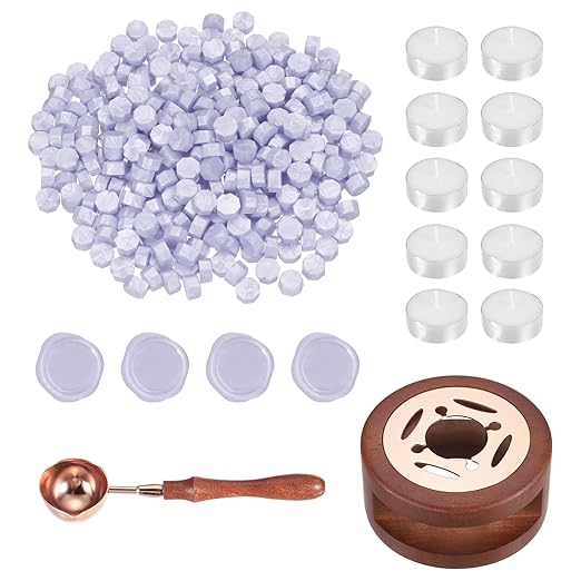 PATIKIL Wax Seal Kit, 300 Pcs Wax Sealing Beads, Wooden Warmer, Melted Spoon, 10 Pcs Tealight Candles for Envelope Letter Mailing Crafts DIY, Light Purple
