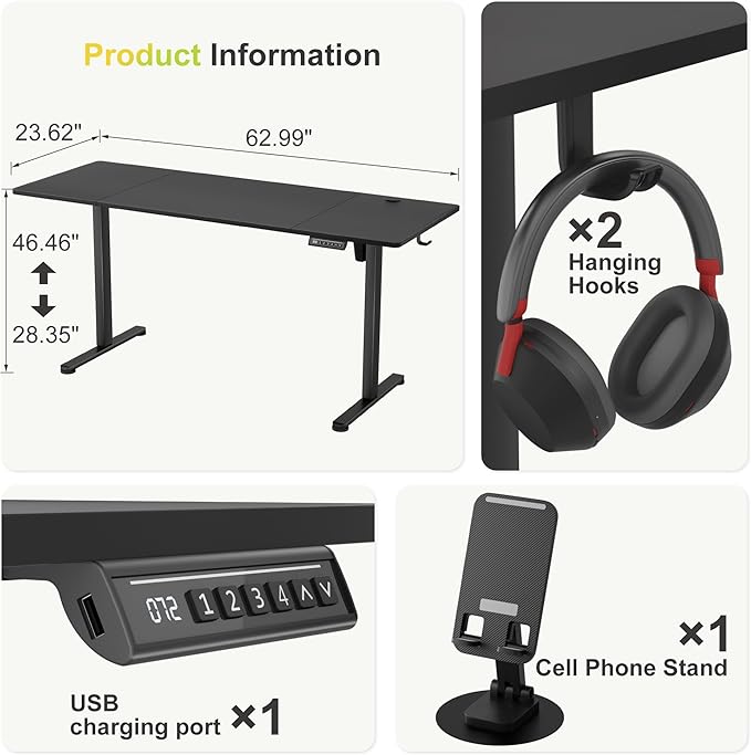 Furmax Electric Standing Desk, 63 x 24 Inches Sit Stand up Desk, Sit Stand Height Adjustable Home Office Desk with 4 Height Position Memory (Black, 63)