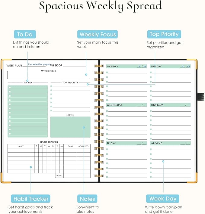 Undated Weekly Planner, Hardcover Leather Weekly & Monthly Calendar Blank Planner, To Do List Notebook with Goal & Habit Tracker Organizer, A5 Daily Planner with Spiral Binding, Ideal for Work School Home, Black