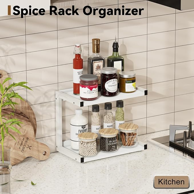 MARTY Kitchen Counter Shelf Organizer, 2 Tier Coffee Station/Bar Organizer | Spice Rack for Countertop, Mugs Cups, Desk Shelf Riser, Bathroom Counter Organizer, Wood+Metal, White