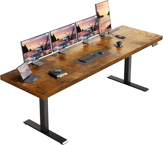 OffiGo 79" Executive Electric Standing Desk Height Adjustable, Rustic Brown | 1.38" Thick 3-Panel Desktop, Power Outlets, 3 Memory Presets, Dual-Beam Frame for Home Office, Workstation, Conference Room