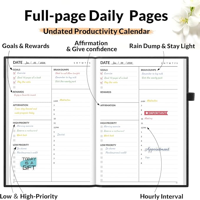 SUNEE Adhd Daily Planner for Adults,3-Month Undated Daily Weekly Monthly Planner for Productivity, Goal Setting, Time Management, Work & Life - for Men & Women,Vision Board + Stickers,Black