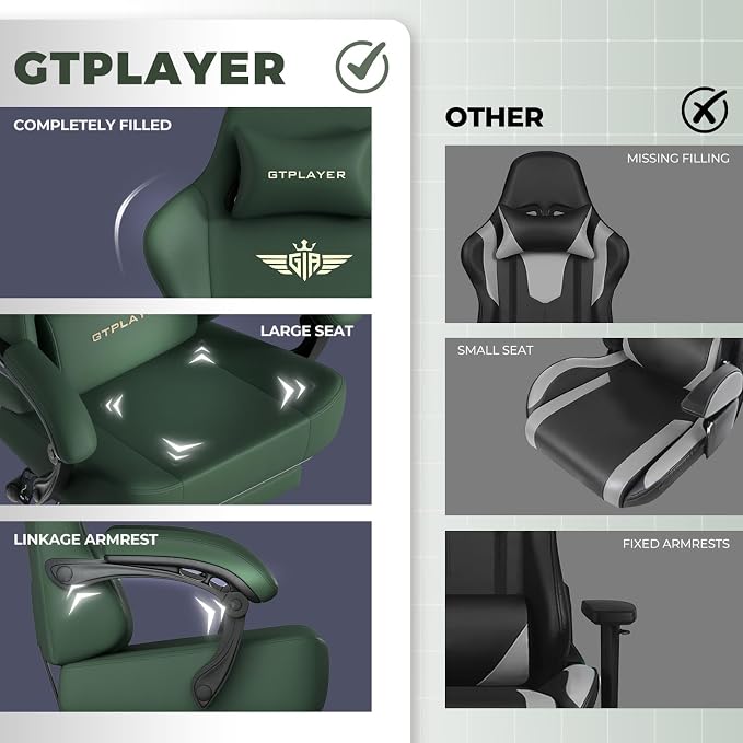 GTPLAYER Big and Tall Gaming Chair 400lbs Heavy Duty Office Chair with Footrest, High Back Pocket Spring Ergonomic Computer Chair for Adults, Wide Seated Cushion with Linkage Armrests, Leather Green