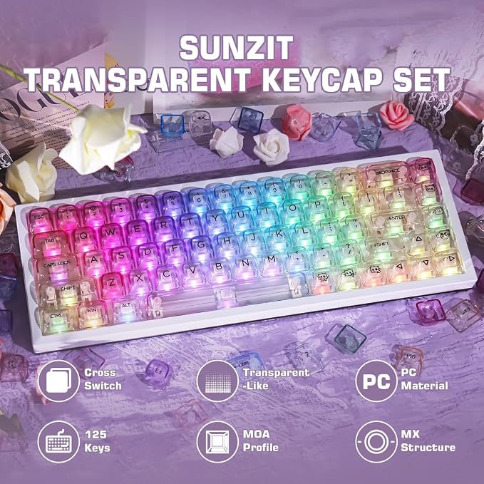 Sunzit Transparent Keycaps-Soft Color 125 Keys, MOA Profile Keycap Set, Custom Minimalist Style Keycaps, Fully Backlit Key Cap for MX Switches Mechanical Keyboard
