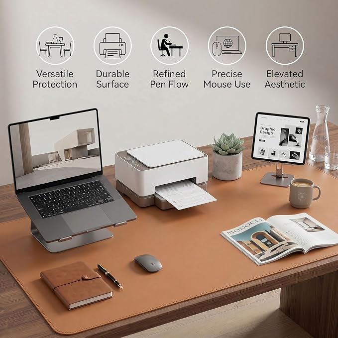Large Desk Pad Non-Slip Desk Mat Protector for Keyboard Mouse Waterproof Vegan Leather Surface Faux Leather Laptop Mat Smooth Mouse Pad Premium Gift Tube Caramel Brown 55" x 23"