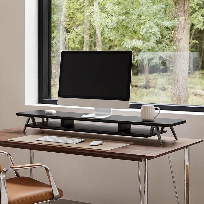 Fenge Dual Monitor Stand Riser, Wooden Desk Shelf with 2-Tier Storage | 47.3-Inch Extra Wide, Sturdy Aluminum Legs, Built-In Phone & Tablet Slot, Desktop Organizer for Office Accessories