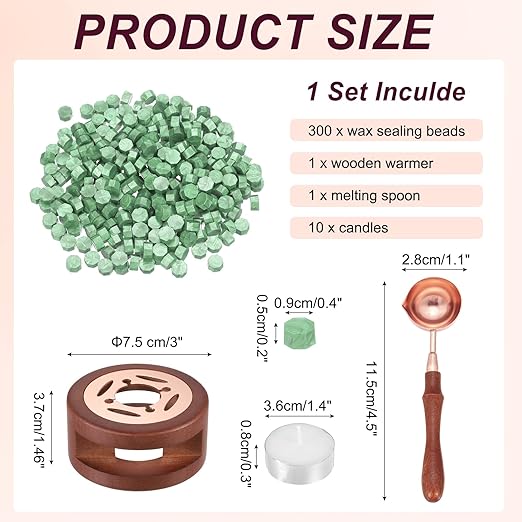 PATIKIL Wax Seal Kit, 300 Pcs Wax Sealing Beads, Wooden Warmer, Melted Spoon, 10 Pcs Tealight Candles for Envelope Letter Mailing Crafts DIY, Tender Green