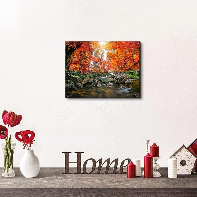 Sunset Waterfall Wall Art Burnt Orange Wall Decor Nature Tropical Forest Landscape Photo Canvas Prints Picture for Living Room Bedroom 12x16”, Trees Painting River Scenery Artwork Home Decorations