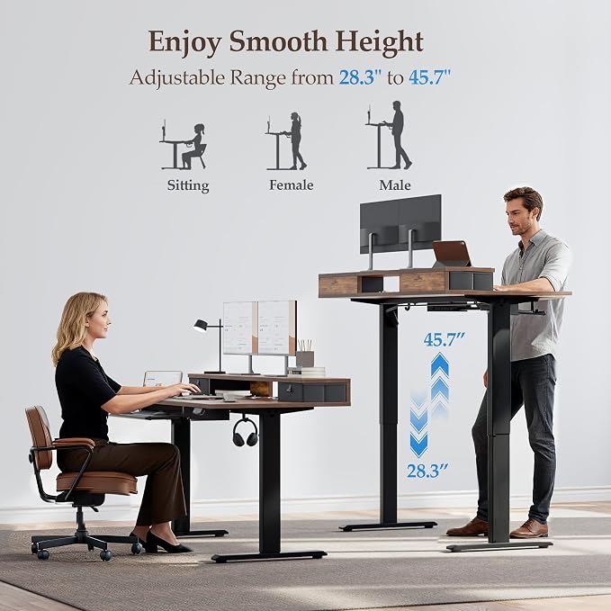 Klicelor 63 x 24 Inch Electric Standing Desk with Drawers and Keyboardtray, Adjustable Height Small Sit Stand Desk for Home Office, Compact Computer Workstation with Storage- Rustic Brown