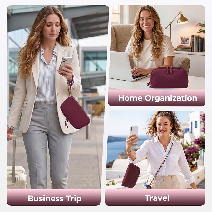 FYY Travel Cable Organizer - 8 Compartments Lightweight Water Resistant Tech Pouch with Wrist Strap, Portable Electronic Accessories Case for Cord Charger Storage for Travel Office Wine Red (Large)