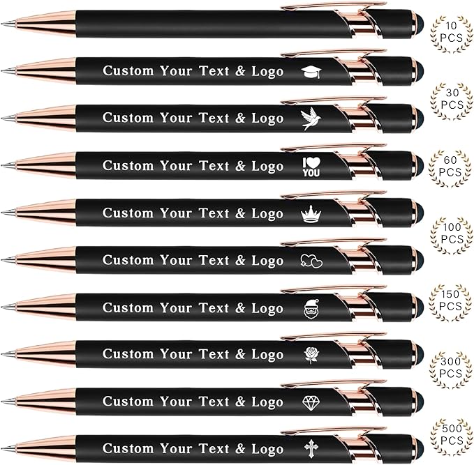 Bulk Custom Pens Personalized, Customized Pens with Name/Logo on Both Sides Gifts, Black Ink Engraved Ballpoint with Stylus, Ideal for Business, Birthday, Party, Wedding, School, Metal Material