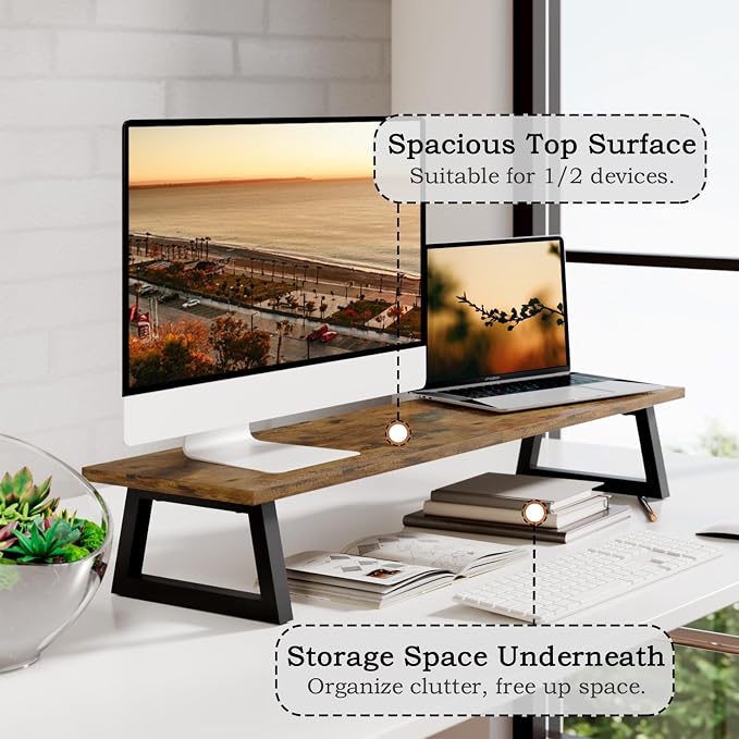 TEAMIX 31.5 inch Dual Monitor Stand Riser, TV Riser, Wood Desk Organizer | For 2 Monitors/Laptop/Printer, Long Computer Stand, Wood & Steel, Holds 150 lbs, PS5/Keyboard Storage, For Home Office Gaming