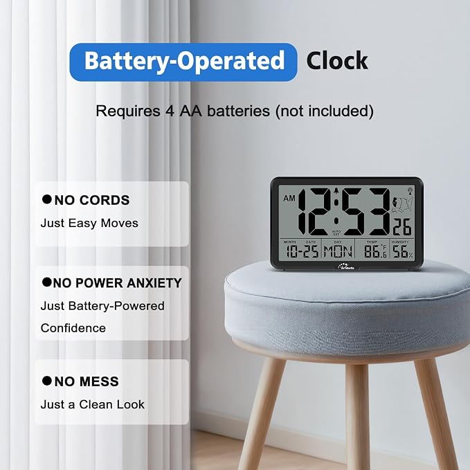WallarGe Atomic Wall Clock with Backlight, Battery Operated | Large Digital Display, Indoor Temperature, Humidity, Date, AUTO DST, 6 Time Zones