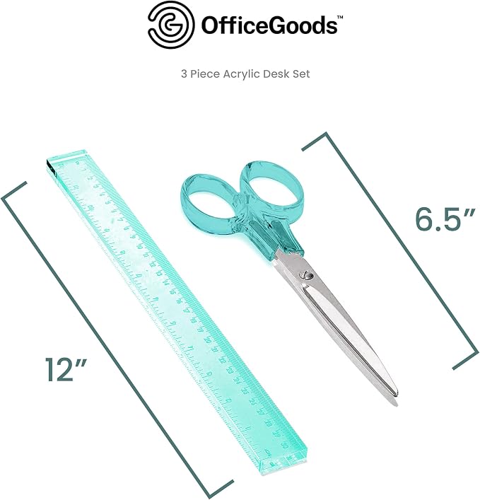 3-Piece Acrylic Desk Set, Green with Silver Metal | Ruler, scissors, and staple remover set, Functional and elegant desk accessories, Stationery tools for office, and school