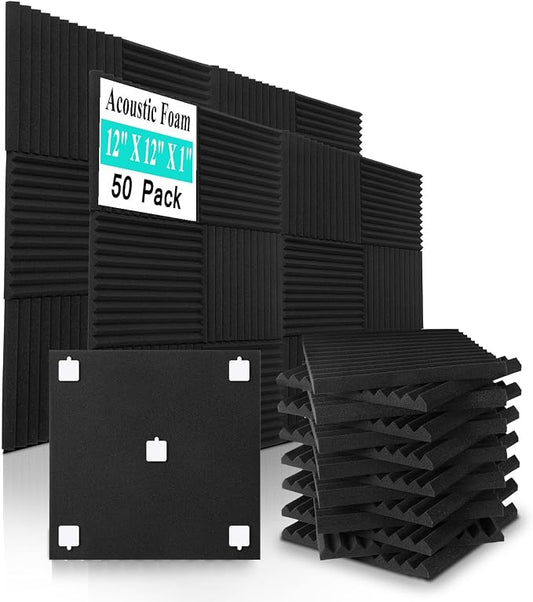 50 Pack Sound Proof Foam Panels,12"×12"×1" Acoustic Foam Panels, High Density Soundproof Wall Panels for Home Office Recoding Studio,With 250PCS Adhesive Stickers (Black, 50 Pack)