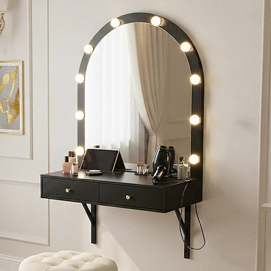 Merax Black Floating Vanity Desk Vanity Mirror with Lights, 3 Color Adjustable, 2 Storage Drawers & Charging Station, Wall-Mounted Makeup Vanity Shelf for Bedroom Hairdressers, 31" D x 54" H
