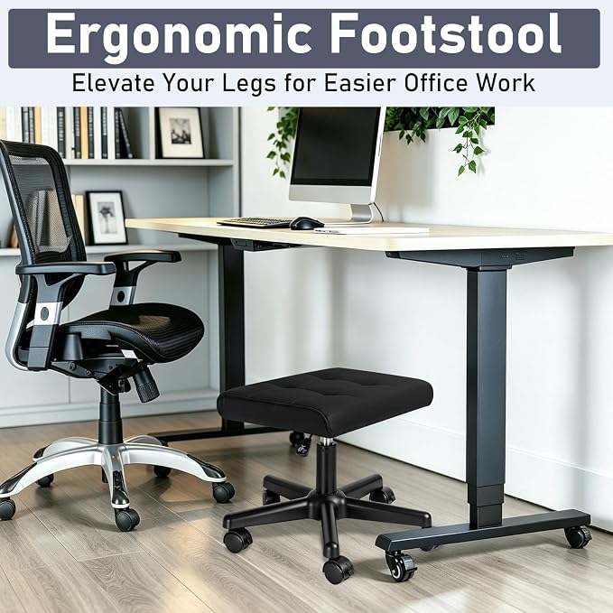 Footrest Under Desk Leg Rest Ottoman Adjustable Height Foot Stool with Wheels Leather Footrest