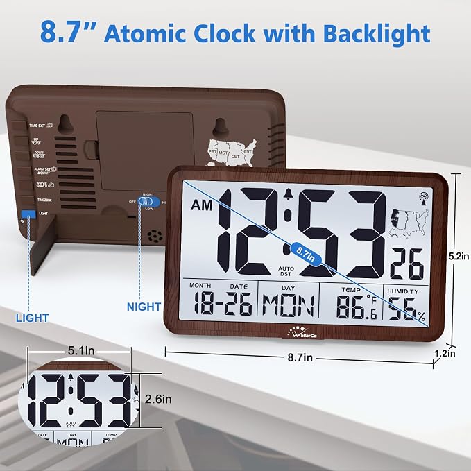 WallarGe Atomic Wall Clock with Backlight, Battery Operated | Large Digital Display, Indoor Temperature, Humidity, Date, AUTO DST, 6 Time Zones