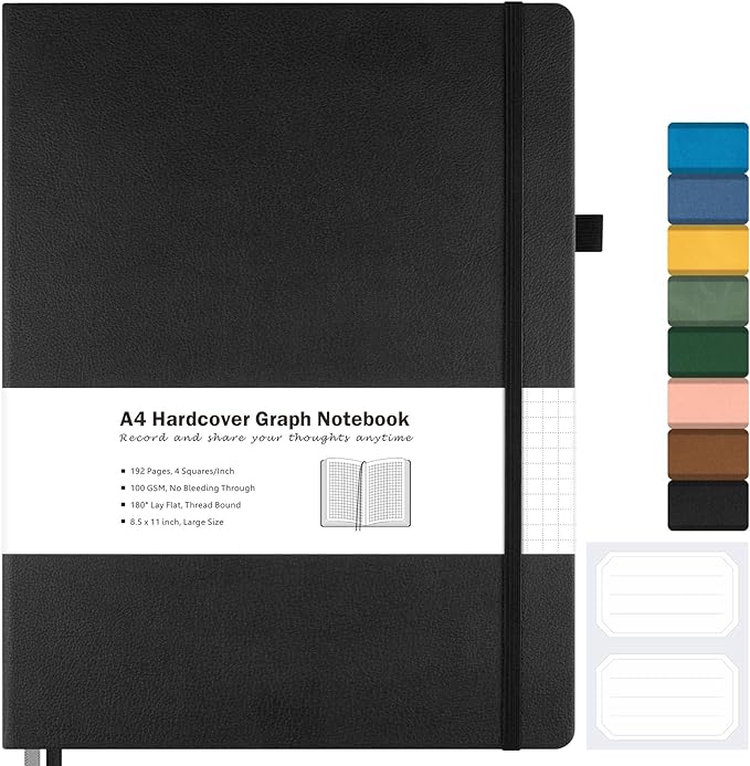 Graph Paper Notebook, Hardcover Notebook 8.5 x 11, Grid Notebook Journal for Women, Men, Large Leather Journals for Writing, Thick Paper, A4 Notebooks for Work, School Supplies, Engineering Black
