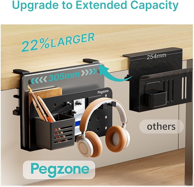 PEGZONE Desk Side Storage Organizer, Fits Flat Edge 0.4" to 2.2", Black | No Drill Under Desk Laptop Holder, Clamp on Desks Shelf with Pegboard Accessories, Hanging Laptop Mount