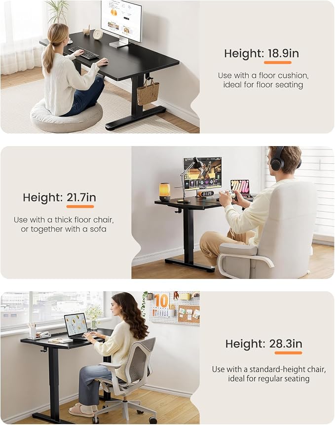 ErGear Low Height Adjustable Desk, Lifts 18.9-28.4 Inches, 48 X 24 Inches Electric Standing Desk for Kids, 4 Height Memory Settings & Storage Hooks, Home Office Computer Table & Study Desk, Black