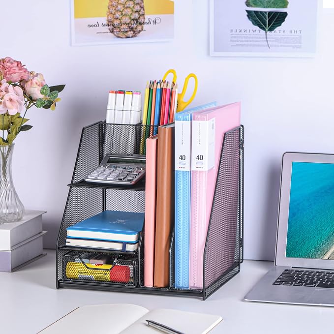 Topwey Desk Organizers and Acceessories for Office School Study | 2-Tier Paper, Letter Tray, 1 Drawer and 2 Pen Holder